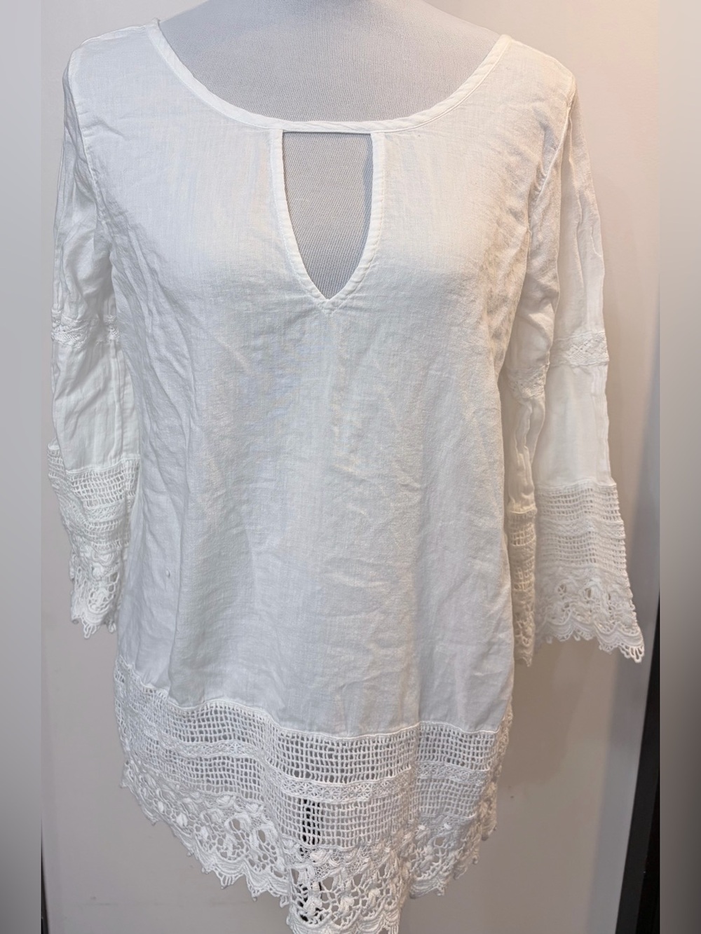 Denim & Supply Ralph Lauren White Cotton Gauze Keyhole 3/4 Bell Sleeve size L